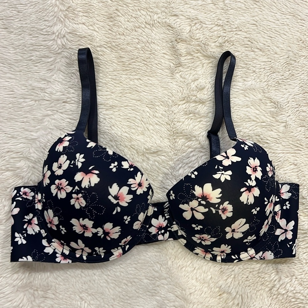 Womens 34C Floral Padded Underwire Feminine Pink Floral/Black Bra Laura Ashley